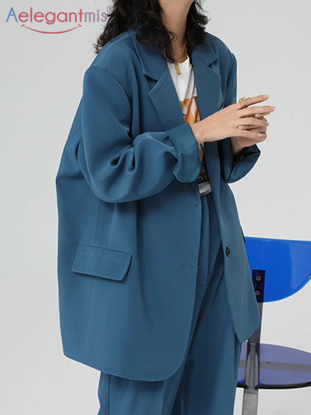 Aelegantmis  Office Lady Blue Oversized Blazer Women Jacket Korea Casual Blazers Coat Work Suit Femme Outerwear 2023