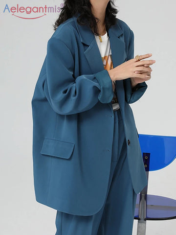 Aelegantmis  Office Lady Blue Oversized Blazer Women Jacket Korea Casual Blazers Coat Work Suit Femme Outerwear 2023