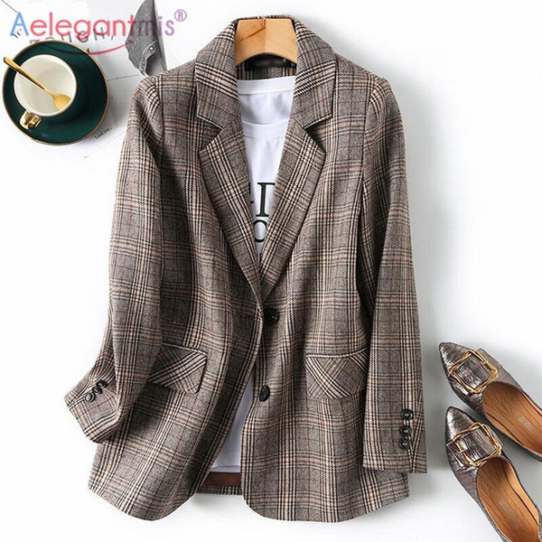 Aelegantmis Korean Style Plaid Oversized Blazers Women Single Breasted Casual Jackets Coats Female Spring Autumn Outwear