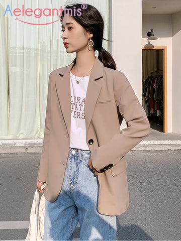 Aelegantmis Chic Solid Color Women Casual Blazer Jacket Office Lady Pockets Work Suit Coat Ladies Business Blazers Outerwear