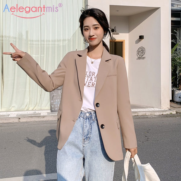 Aelegantmis Chic Solid Color Women Casual Blazer Jacket Office Lady Pockets Work Suit Coat Ladies Business Blazers Outerwear