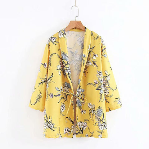 New Women Office Casual Blazer Vintage Floral Print Notched Sashes Long Sleeve Outwear Coat Lace-up Ladies Blazers
