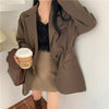 Aelegantmis Office Lady Drawstring Elastic Waist Vintage Black Blazer Women Casual Loose Female OL Brown Blazer Coat Simple Chic