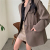 Aelegantmis Office Lady Drawstring Elastic Waist Vintage Black Blazer Women Casual Loose Female OL Brown Blazer Coat Simple Chic