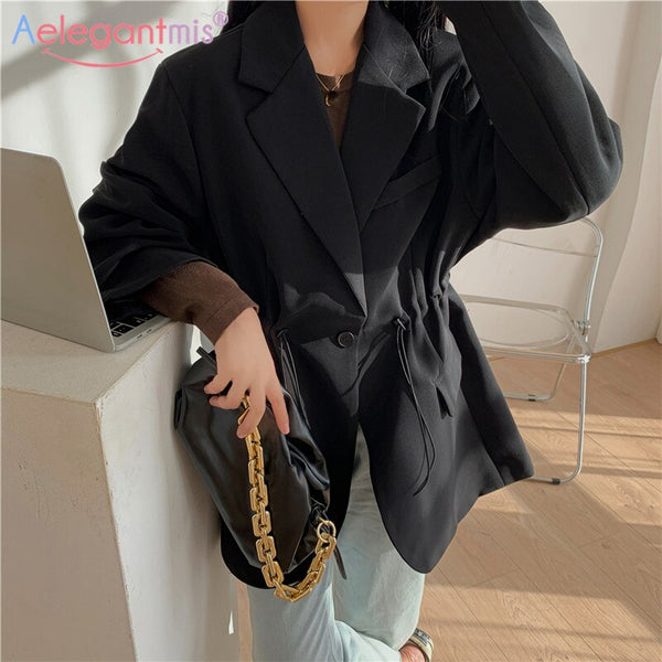 Aelegantmis Office Lady Drawstring Elastic Waist Vintage Black Blazer Women Casual Loose Female OL Brown Blazer Coat Simple Chic