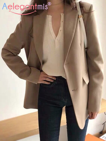 Aelegantmis Spring Blazer Jacket Women Casual Pockets Long Sleeve Work Suit Coat Office Lady Solid Slim Blazers 2023