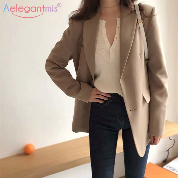Aelegantmis Spring Blazer Jacket Women Casual Pockets Long Sleeve Work Suit Coat Office Lady Solid Slim Blazers 2022