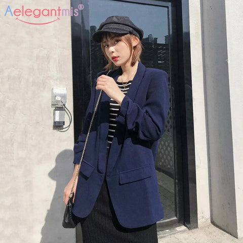 Aelegantmis Spring Three Quarter Sleeve Casual Blazer Women Loose Long Work Suit Coat Office Lady Classic Solid Blazers