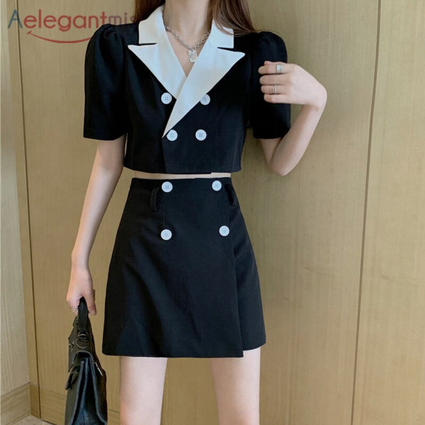 Aelegantmis Two Piece Set OL Loose Blazers Women Double Breasted Puff Sleeve A Line Skirt Suits Female Korea Casual 2 Piece Suit