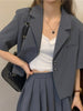 Aelegantmis Two Piece Sets Korean Loose Blazers Women Casual Short Sleeve Preppy Pleated Skirts Suits Female Solid Elegant Coats