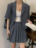 Aelegantmis Two Piece Sets Korean Loose Blazers Women Casual Short Sleeve Preppy Pleated Skirts Suits Female Solid Elegant Coats