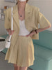 Aelegantmis Two Piece Sets Korean Loose Blazers Women Casual Short Sleeve Preppy Pleated Skirts Suits Female Solid Elegant Coats
