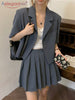 Aelegantmis Two Piece Sets Korean Loose Blazers Women Casual Short Sleeve Preppy Pleated Skirts Suits Female Solid Elegant Coats