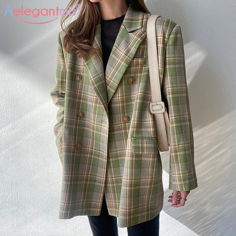 Aelegantmis Vintage Loose Women Plaid Blazer Office Lady Double Breasted Work Suit Coat Stylish Ladies Casual Blazers Jacket New