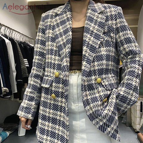 Aelegantmis Winter Thicken Vintage Tweed Blazer Women Double Breasted 2023 Houndstooth Chic Jackets Oversized Loose Coat
