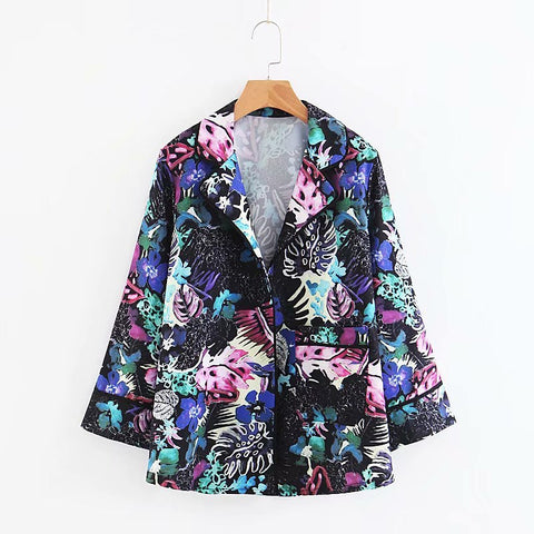 Women Casual Blazer Vintage Multicolor Floral Print Notched Loose Cardigan Outwear Coat Long Sleeve Ladies Blazers