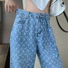 Aesthetic Jeans Women Crescent Pattern Straight Wide Leg Pants High Waist Loose Buckle Denim Trousers Y2k Grunge Clothes Female