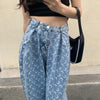 Aesthetic Jeans Women Crescent Pattern Straight Wide Leg Pants High Waist Loose Buckle Denim Trousers Y2k Grunge Clothes Female