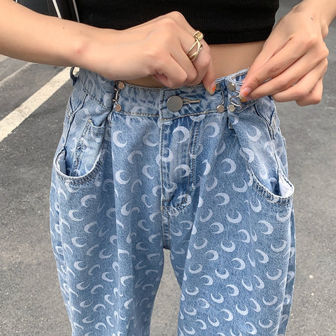 Aesthetic Jeans Women Crescent Pattern Straight Wide Leg Pants High Waist Loose Buckle Denim Trousers Y2k Grunge Clothes Female