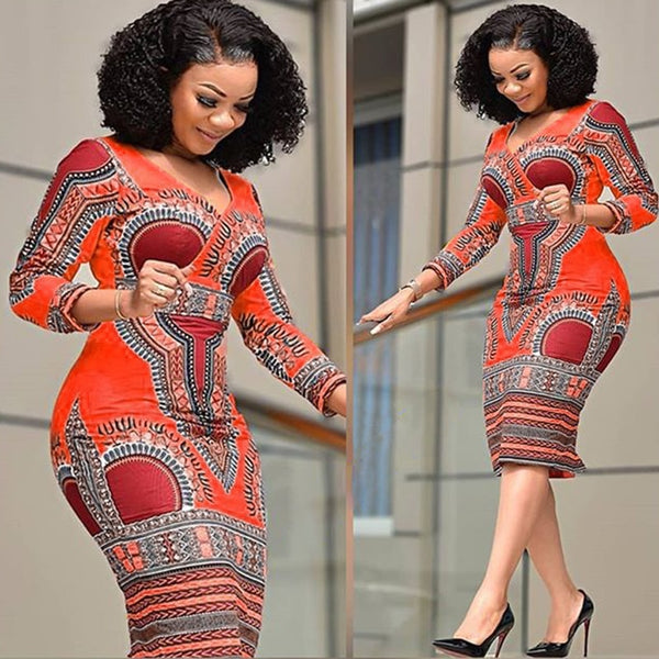 African Style Floral Print Retro Dress for Women Elegant V-neck Bodycon Plus Size Midi Dress Long Sleeves Vestidos