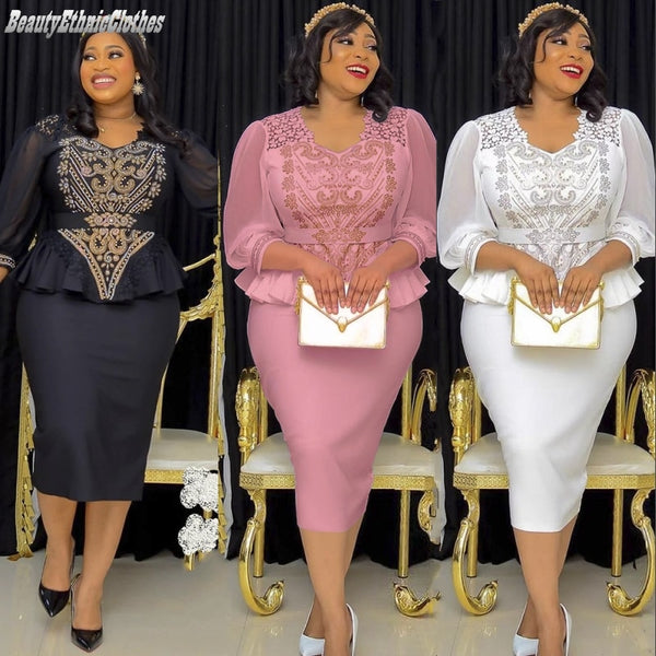 African Women Dresses Elegant 2PCS Beadeds Tops and Skirts Formal Party Outfits Ladies Autumn Clothes