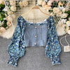 Age reduction suit spring 2022 female design sense floral puff sleeve stitching denim jacket short skirt