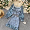 Age reduction suit spring 2022 female design sense floral puff sleeve stitching denim jacket short skirt
