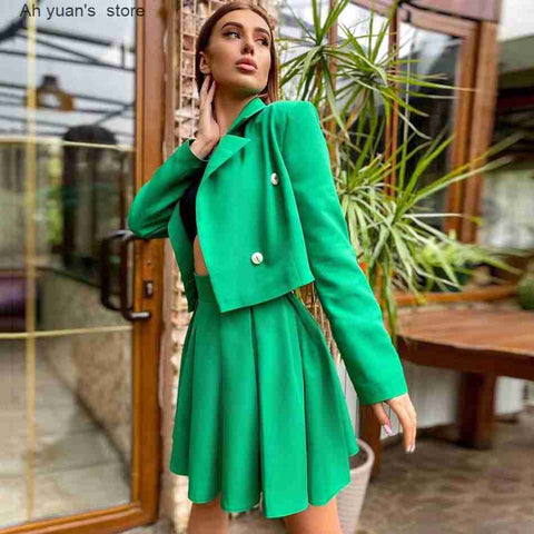 Ah yuan Women's British Style Suit Long Sleeve Double Breasted Short Blazer & Mini Pleated Skirt Two Piece Sets