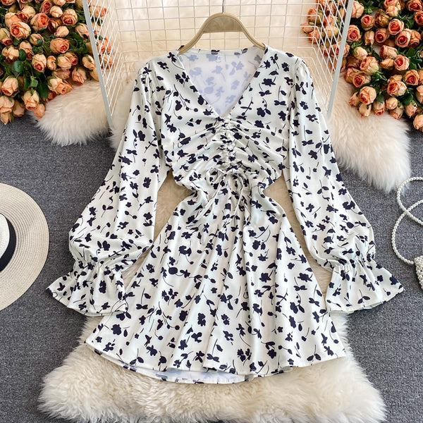 Aibeautyer  Casual Summer A Line V Neck Full Lady Dress Puff Sleeve Chiffon Pullover Floral Print Mid-Calf Women Dresses
