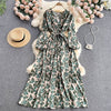 Aibeautyer Summer Casual Floral Print Slim Full Lady Dress A Line V Neck Puff Sleeve Chiffon Pullover Women Dresses