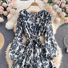 Aibeautyer Summer Casual Floral Print Slim Full Lady Dress A Line V Neck Puff Sleeve Chiffon Pullover Women Dresses