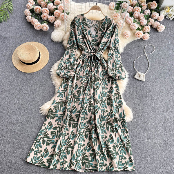 Aibeautyer Summer Casual Floral Print Slim Full Lady Dress A Line V Neck Puff Sleeve Chiffon Pullover Women Dresses