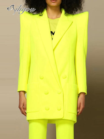 Ailigou 2023 Fall Office Lady Fluorescent Green Blazer Women V Neck Single Button Vintage Jacket Elegant Blazer