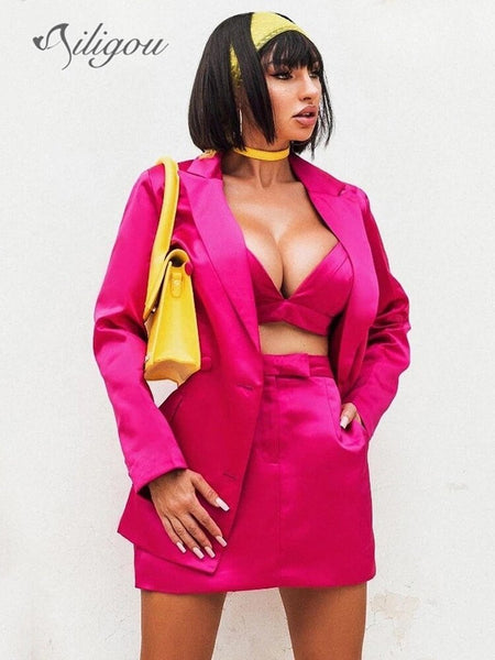 Ailigou 2023 Autumn Women 3 Three-Piece Sexy Long-Sleeved Jacket Mini Skirt Button Club Party Casual Women'S Set