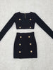 Ailigou 2023 Fall Women's Sexy 2 Piece Set Square Neck Long Sleeve Button Black Mini Bandage Dress Women Casual Short Suit