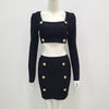 Ailigou 2023 Fall Women's Sexy 2 Piece Set Square Neck Long Sleeve Button Black Mini Bandage Dress Women Casual Short Suit