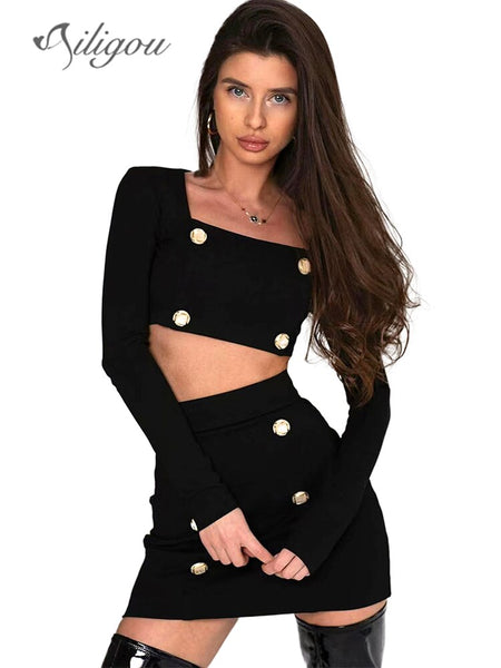 Ailigou 2023 Fall Women's Sexy 2 Piece Set Square Neck Long Sleeve Button Black Mini Bandage Dress Women Casual Short Suit