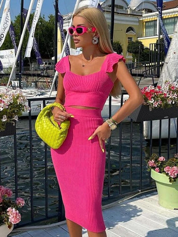 Ailigou 2023  Rose Bandage Women's Ruffled Two Piece Short Sleeve Crop Top Midi Dress Sexy Skinny Party Set