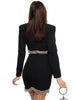Ailigou 2023 Ladies Sexy Long Sleeve V Black White Diamond Crystal Two Piece Mini Suit Celebrity Designer Evening Dress Set