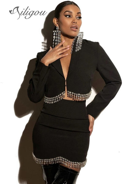 Ailigou 2023 Ladies Sexy Long Sleeve V Black White Diamond Crystal Two Piece Mini Suit Celebrity Designer Evening Dress Set