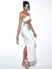 Ailigou 2023 Summer Women's Sexy One Shoulder Shiny Diamond White Black Two Piece Long Bandage Suit Celebrity Party Set