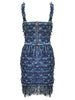 Ailigou 2023 Women'S Woolen Blue White Two-Piece Sexy Tassel Button Short Top Mini Skirt Party Club Set