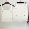 Ailigou 2023 Women'S Woolen Blue White Two-Piece Sexy Tassel Button Short Top Mini Skirt Party Club Set
