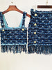 Ailigou 2023 Women'S Woolen Blue White Two-Piece Sexy Tassel Button Short Top Mini Skirt Party Club Set