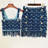 Ailigou 2023 Women'S Woolen Blue White Two-Piece Sexy Tassel Button Short Top Mini Skirt Party Club Set