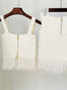 Ailigou 2023 Women'S Woolen Blue White Two-Piece Sexy Tassel Button Short Top Mini Skirt Party Club Set