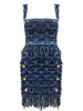 Ailigou 2023 Women'S Woolen Blue White Two-Piece Sexy Tassel Button Short Top Mini Skirt Party Club Set