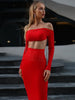 Ailigou 2023 Women's Short Top Bandage Set Long Sleeve Sexy Tight Red Two Piece Hip Wrap Skirt Celebrity Party Fall 2 Piece Suit