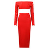 Ailigou 2023 Women's Short Top Bandage Set Long Sleeve Sexy Tight Red Two Piece Hip Wrap Skirt Celebrity Party Fall 2 Piece Suit