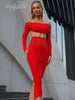 Ailigou 2023 Women's Short Top Bandage Set Long Sleeve Sexy Tight Red Two Piece Hip Wrap Skirt Celebrity Party Fall 2 Piece Suit